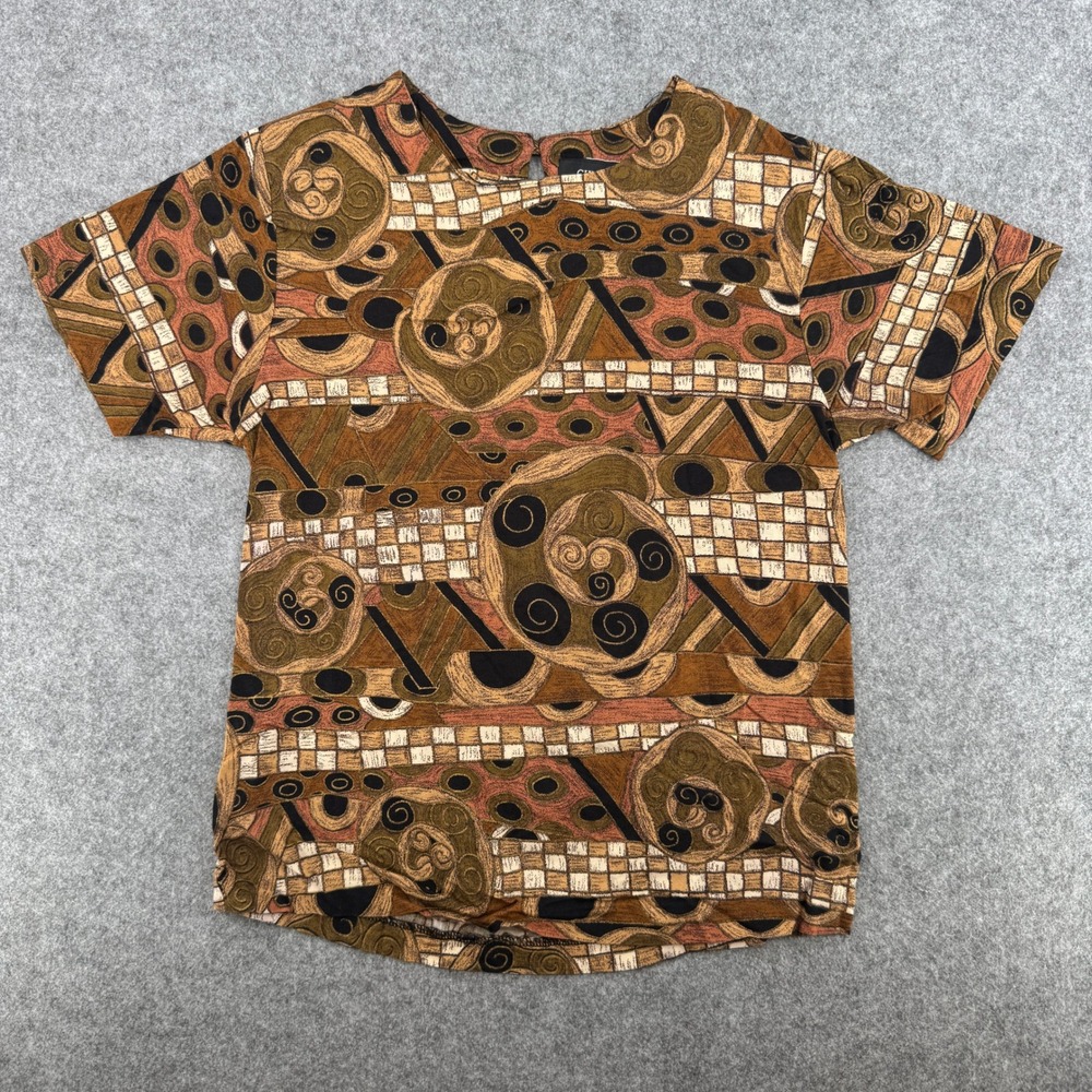 Christine David Top Womens S Brown Geometric Abstract Rayon Short Sleeve EUC